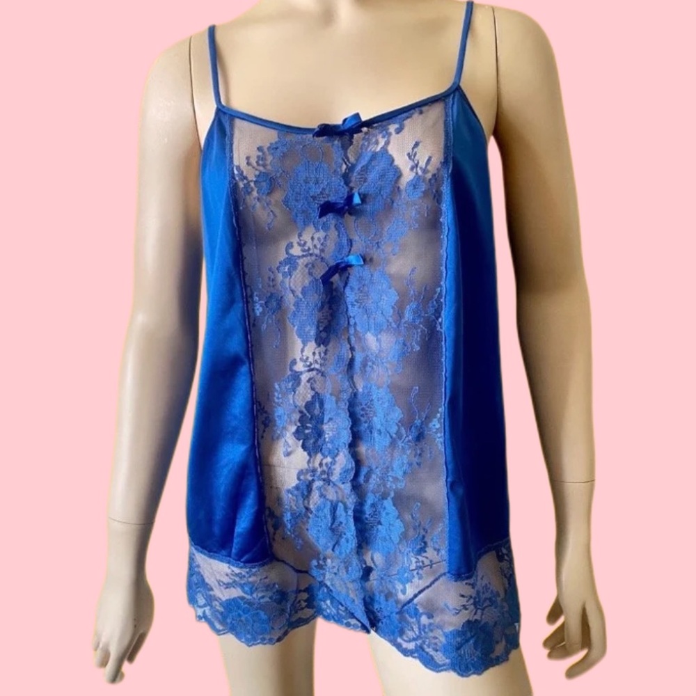 Vintage 80s Blue Nylon and Lace Lingerie Top